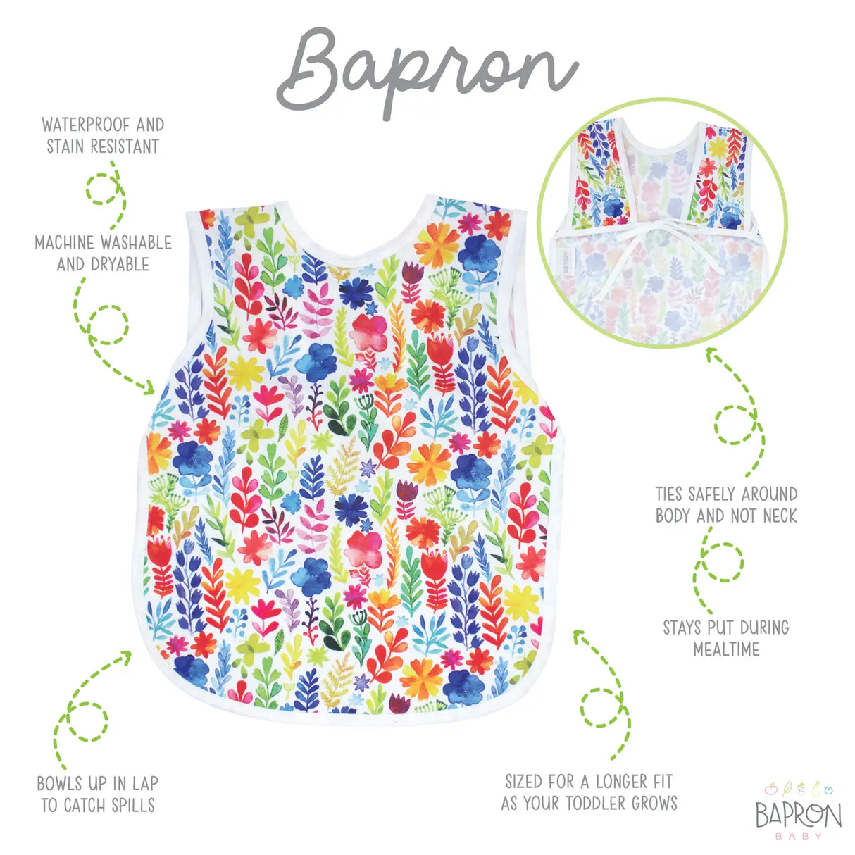 Bapron | Rainbow Watercolor 6M-3T toddler bib-apron with waterproof, stain-resistant, and machine washable fabric