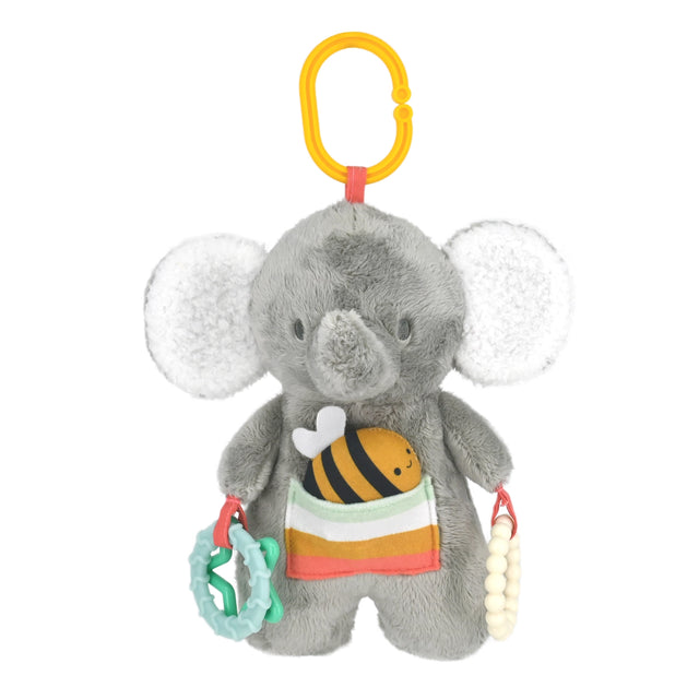 Activity Toy | Elephant grey plush with teething rings, peek-a-boo bee, and on-the-go clip for stroller play.