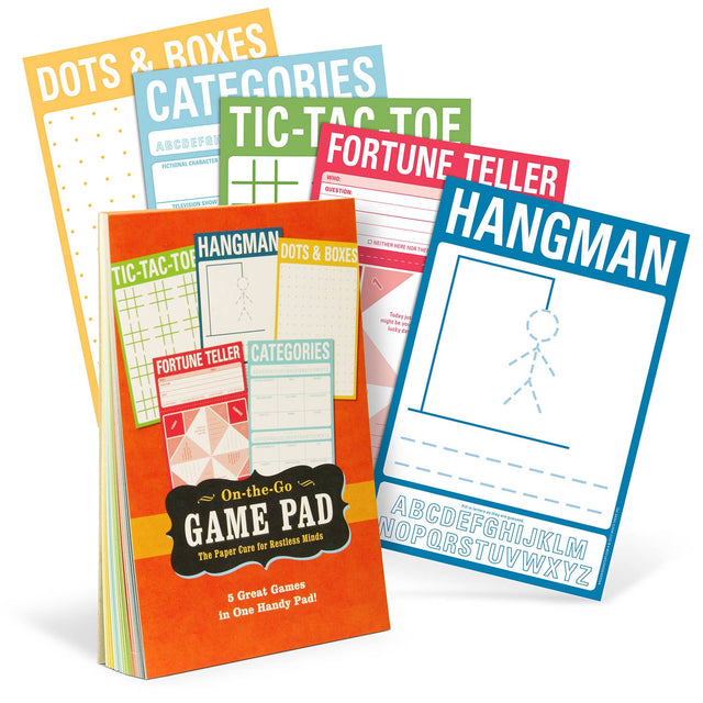 Compact paper game pad featuring classic games like Hangman, Tic-Tac-Toe, and Fortune Teller for all ages on the go