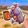 Sticker of Travelling Armadillo holding a suitcase with travel stickers, durable, waterproof, and UV protected.
