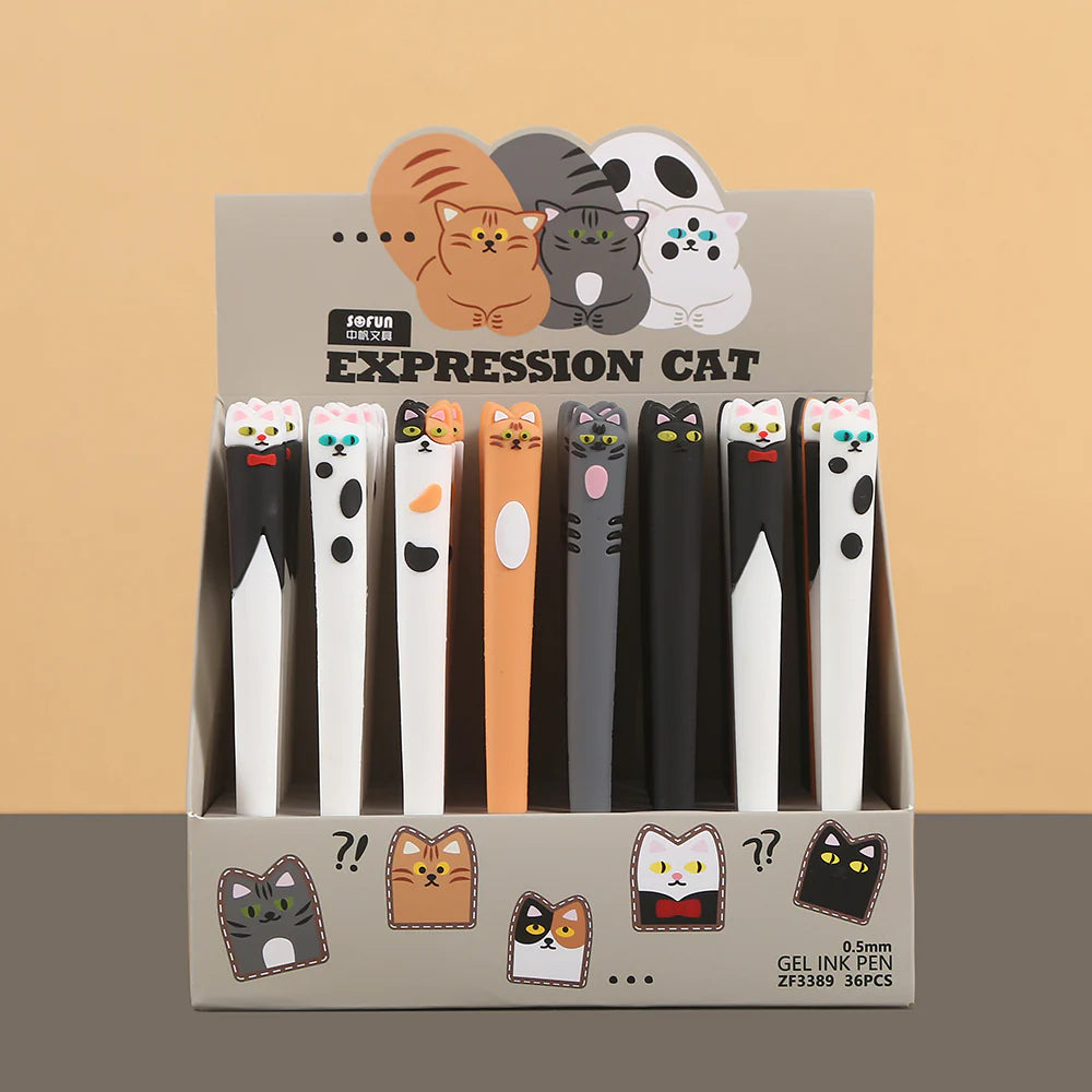 Expression Cat Gel Pen set featuring assorted fine tip gel pens with unique cat designs, each sold separately.