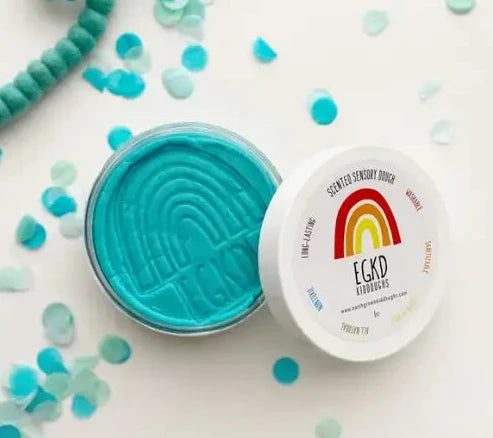 KidDough | Light Blue sensory dough in a container with a rainbow logo, soft and pliable for creative play.