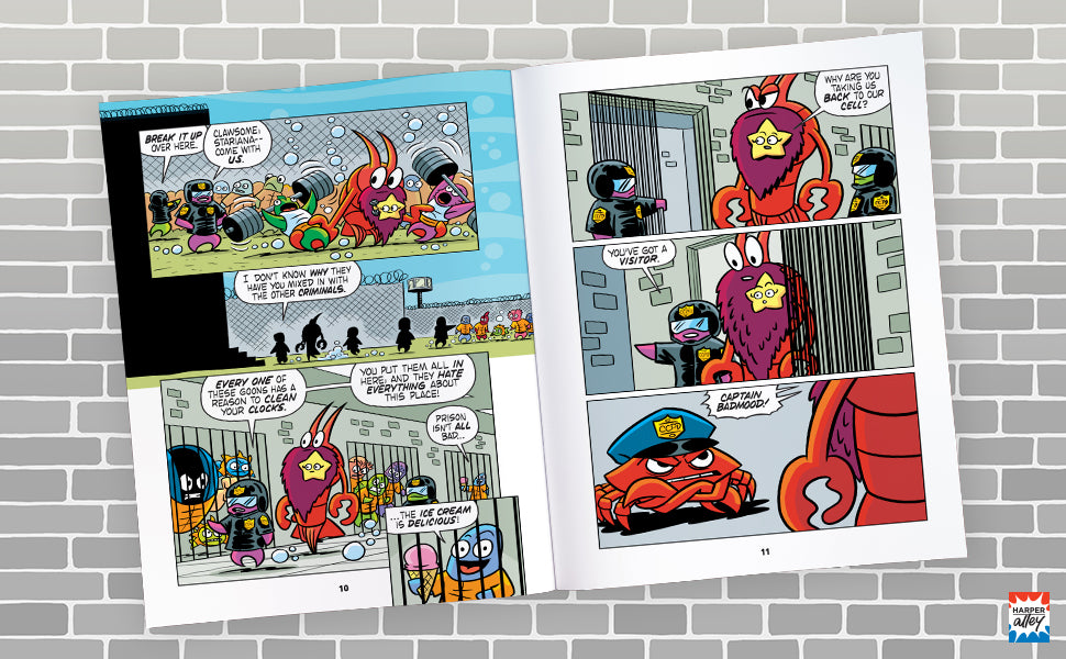 Open pages of Officer Clawsome: Crime Across Time graphic novel showing colorful cartoon characters in a comic scene.