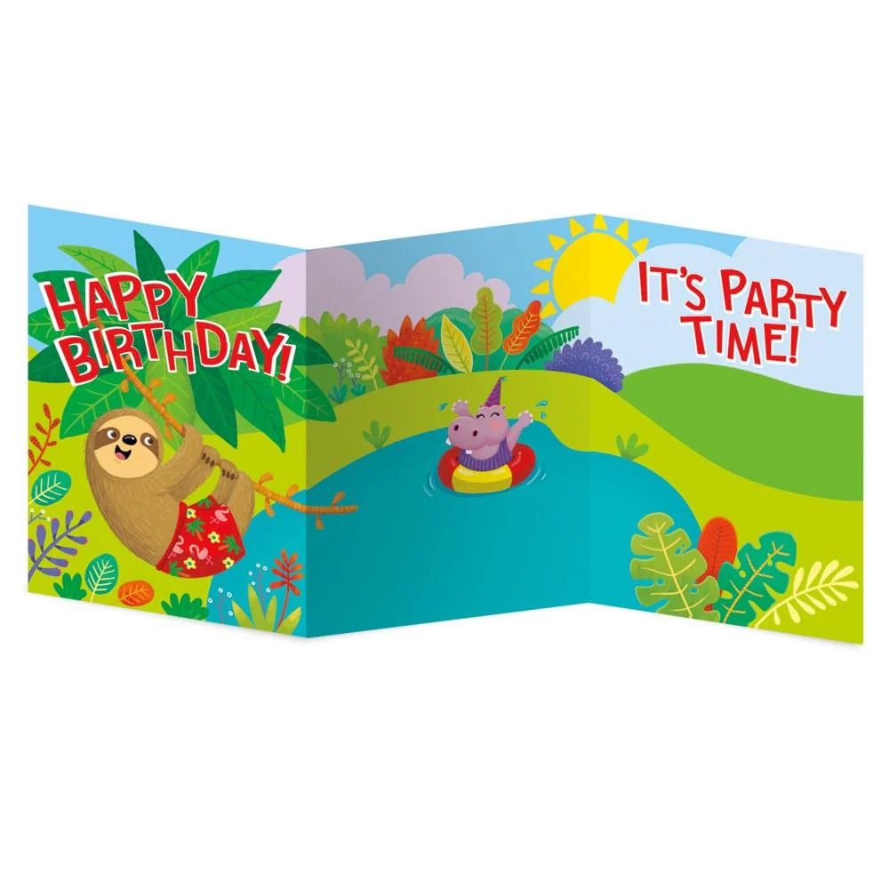 Decorate Your Own Party Animals Card featuring colorful animals and playful party scene with Happy Birthday and It’s Party Time text