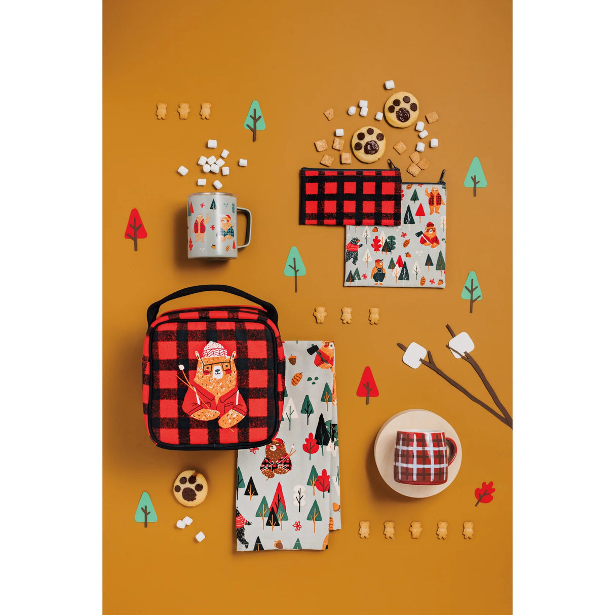 Let's Do Lunch Lunchbag LumBEARjack insulated reusable lunch bag with bear and plaid design on orange background