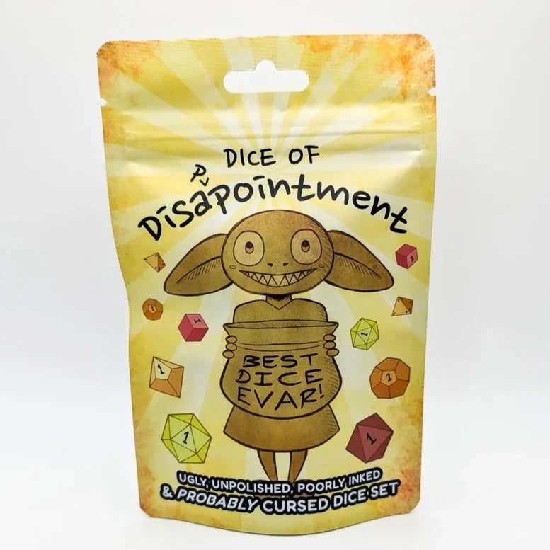 Dice of Disappointment Bag featuring a funny, mismatched set of ugly, unpolished, poorly inked DND dice.