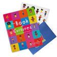 Colorful book measuring 11.2 x 9 inches, titled "The Book of Cultures: 30 Stories to Discover The World". Features cartoon illustrations of children from different cultures around the world.