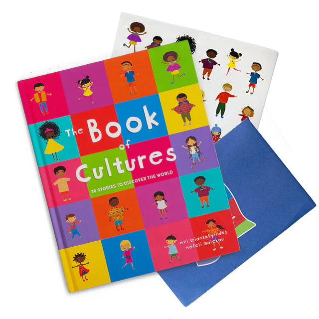 Colorful book measuring 11.2 x 9 inches, titled "The Book of Cultures: 30 Stories to Discover The World". Features cartoon illustrations of children from different cultures around the world.