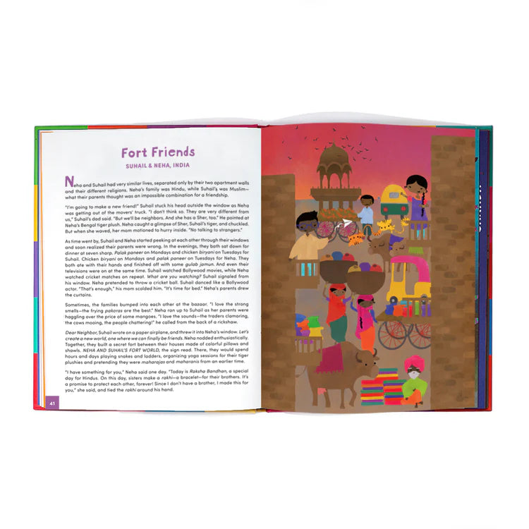 Open book with text on the left page and a colorful illustration of people in India on the right page.