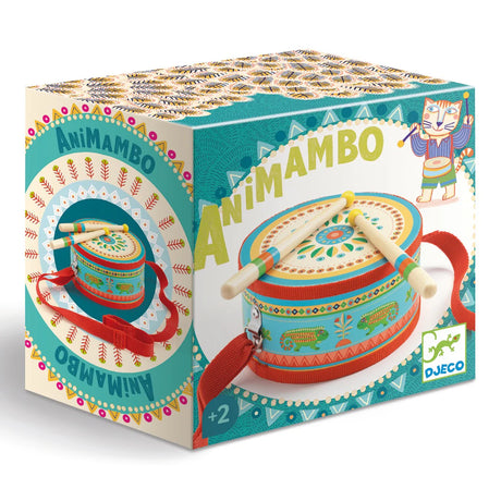 Shopify product box displaying the colorful Animambo Drum with drumsticks and red neck strap for children ages 2+