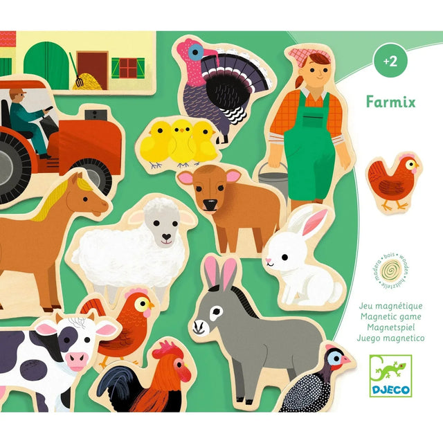 Magnets Farmix set with 24 farm-themed magnetic wooden pieces including animals and farmer for kids ages 2 and up.