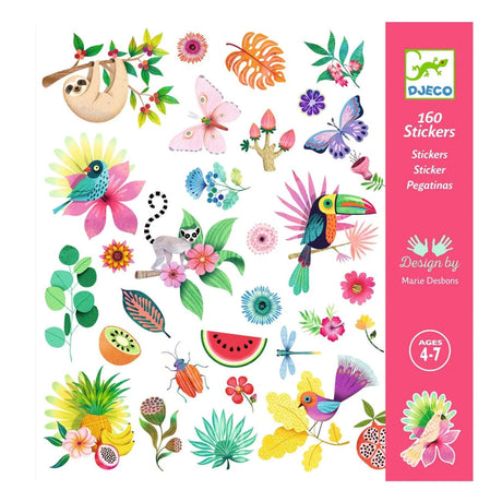 Paradise Stickers featuring 160 colorful animal, flower, and fruit stickers to inspire creativity for kids ages 4 to 7.