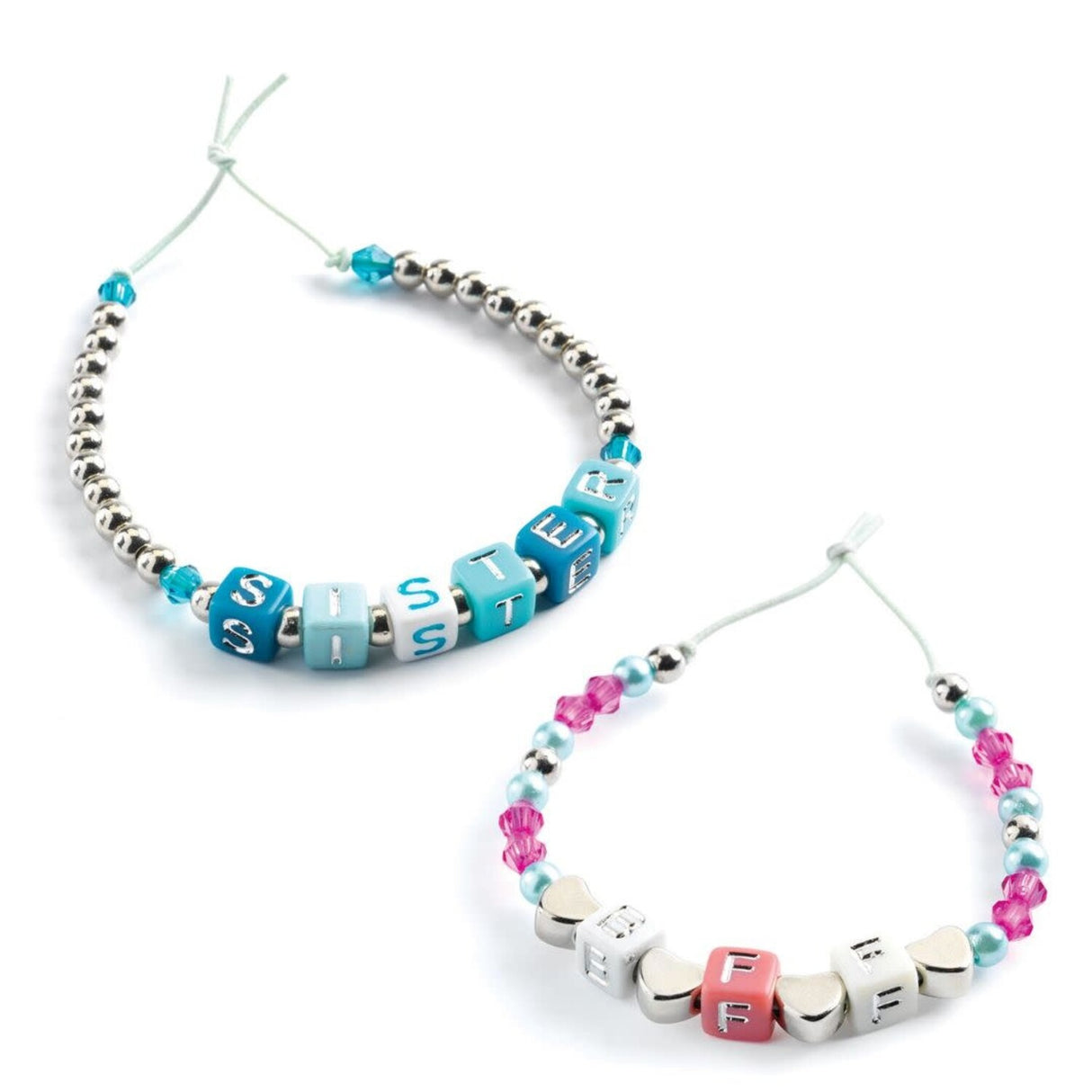 Alphabet Beads | Silver featuring custom name bracelets with vibrant silver and colored beads on adjustable strings.