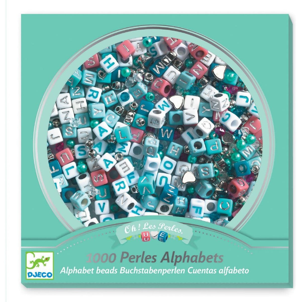 Alphabet Beads | Silver showing colorful and silver letter beads in a round container for custom jewelry making.