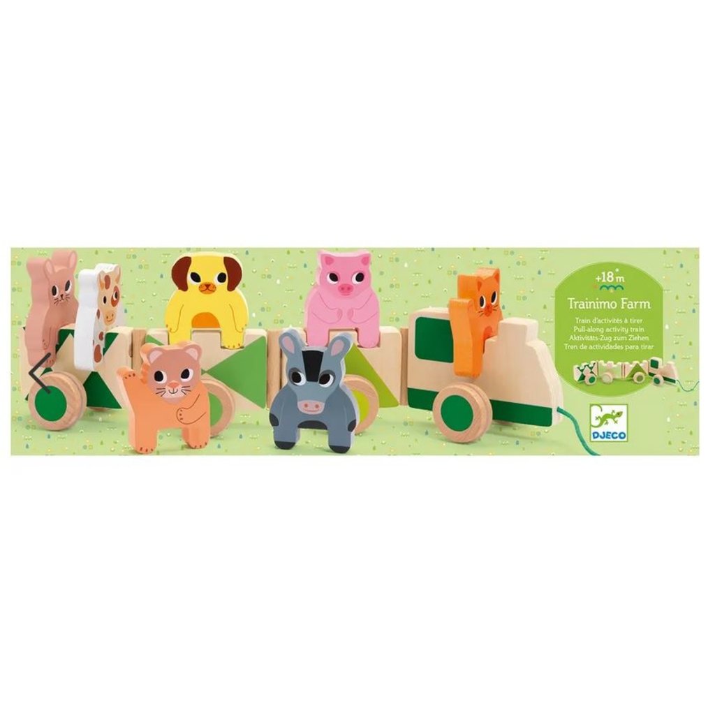 Wooden pull-along Trainimo Farm with colorful farm animal passengers for imaginative play and motor skills development.