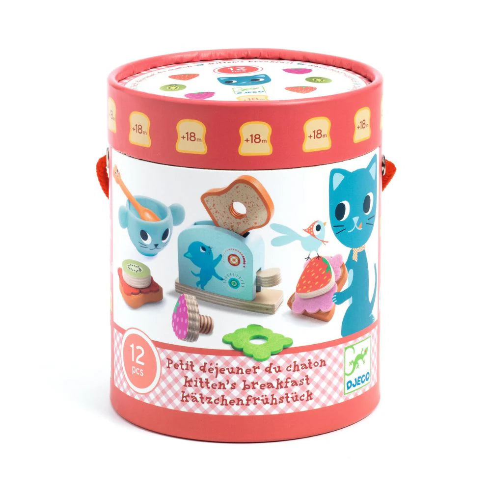 Kitten's Breakfast wooden toy set packaging featuring playful kitten and breakfast items for children 18 months and up.