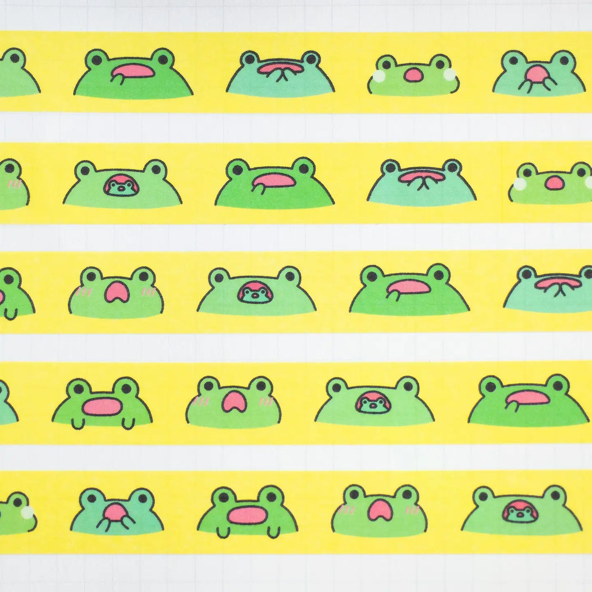 Washi Tape Shocked Frog with cute green frog faces showing shocked expressions on a bright yellow background.