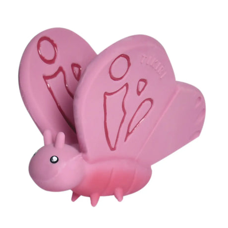 Organic Rubber Teether Rattle | Butterfly in pink, made from natural rubber with enclosed rattle for babies.