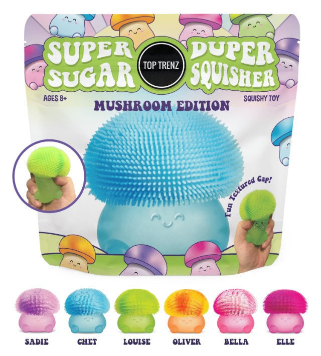 Super Duper Sugar Squisher | Mushroom sensory squishy toy with a cool, fuzzy cap and gooey bounce for ages 8+ in assorted colors.