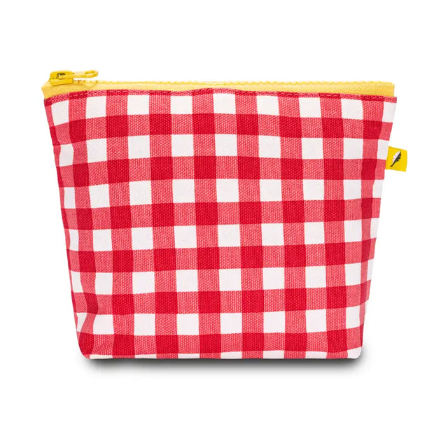 Small red and white gingham pouch with yellow zipper, perfect for organizing tiny essentials like keys and earbuds.