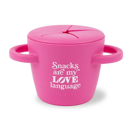 Happy Snacker | Snacks Are My Love Language pink silicone snack cup with snap tight lid and easy grip handles.