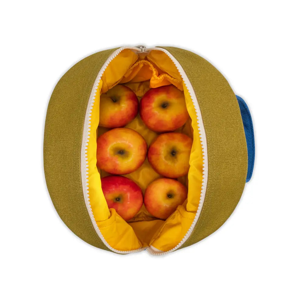 Open zipper lunch bag in green and yellow with six red apples inside, showing roomy interior and durable lining