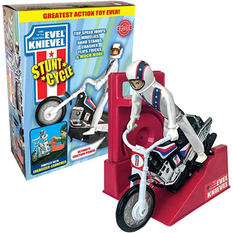 Evel Knievel stunt cycle toy with rider figure, launching ramp, and colorful packaging for action play.