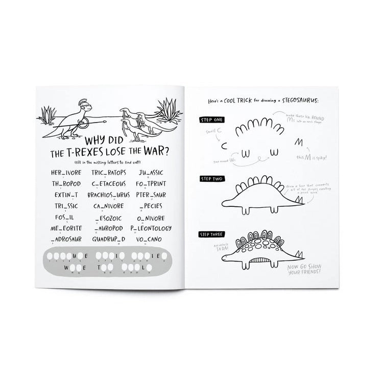 Open coloring and activity book showing dinosaur puzzles and step-by-step stegosaurus drawing instructions
