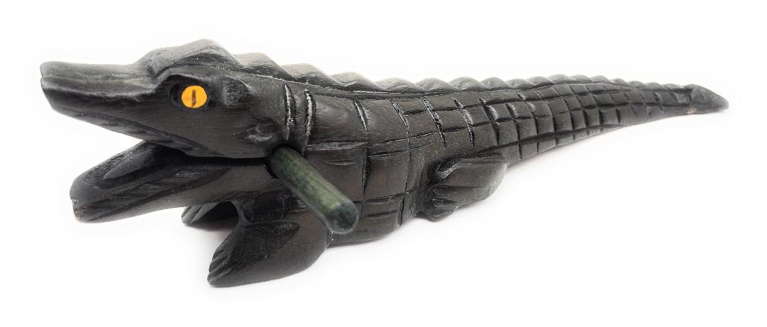 Wooden Croaking Alligator dark green waxed 12-inch long carved drum rasp with mallet stick, made in Thailand.