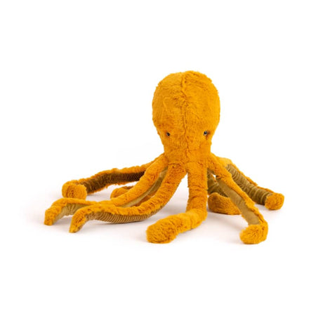 Medium soft velvet octopus plush with eight textured tentacles in warm orange tones, designed for children 10 months and older.