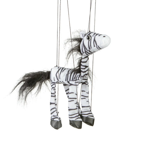 Marionette Small | Zebra string puppet with control bar, 8" tall, designed to hop, skip, and dance easily.