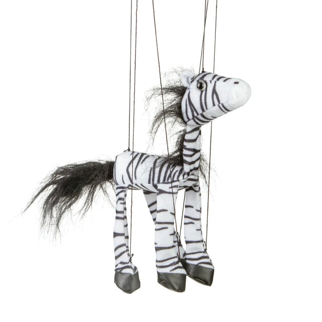 Marionette Small | Zebra string puppet with control bar, 8" tall, designed to hop, skip, and dance easily.
