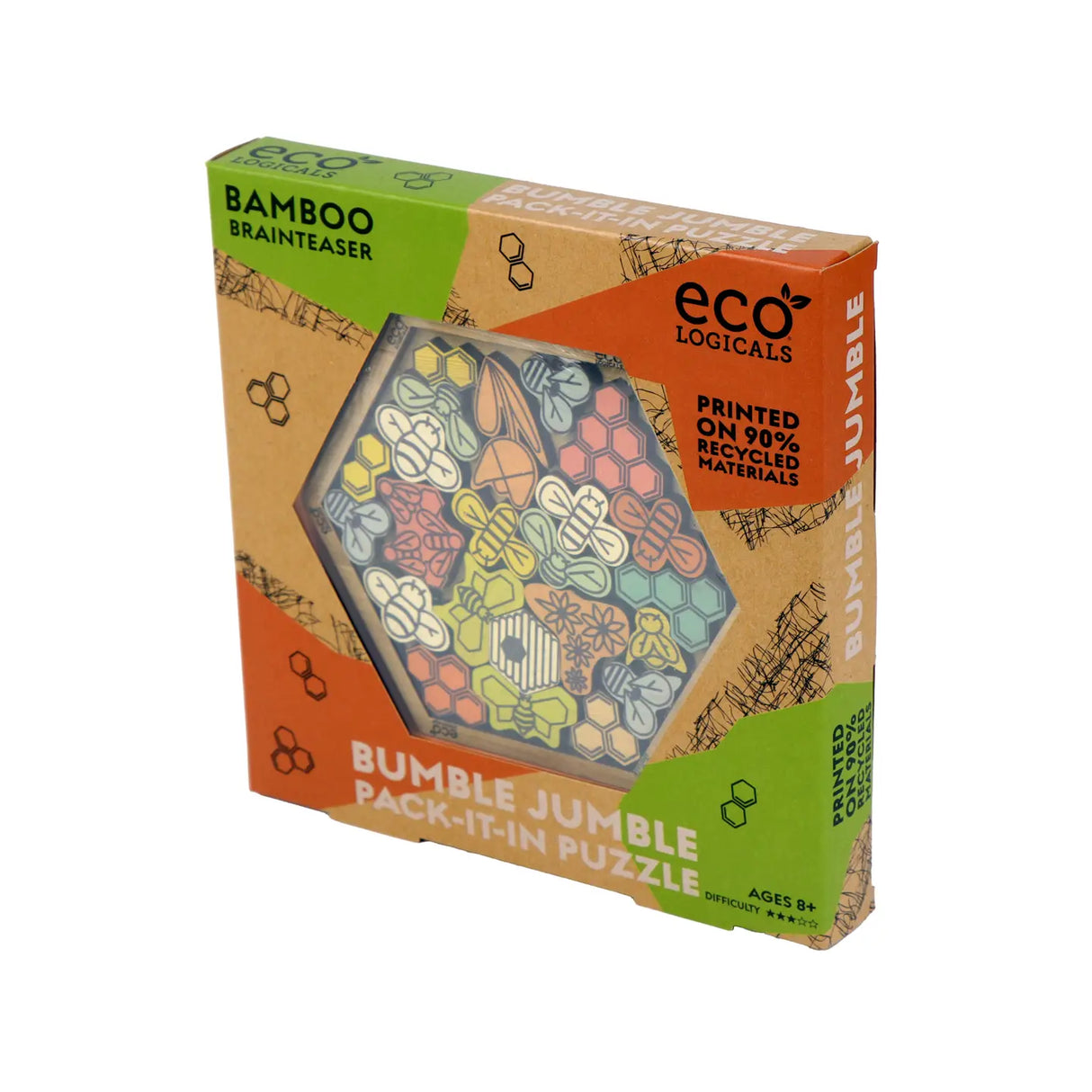 Eco-friendly Bumble Jumble bamboo puzzle with bee-shaped pieces in a hexagonal hive design, suitable for ages 8 and up.