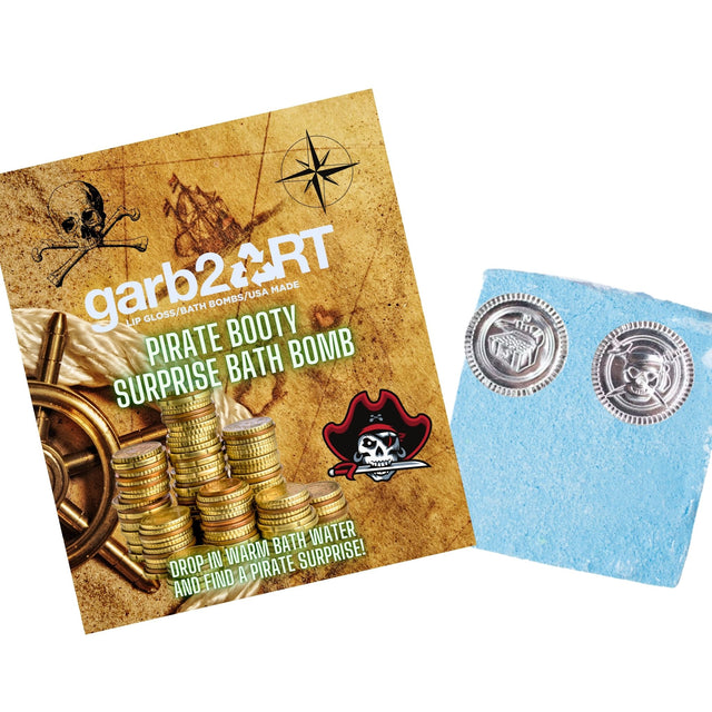 Surprise Pirate Bath Bomb with pirate coin surprises, designed to fizz and nourish skin with Epsom salt and Shea butter.