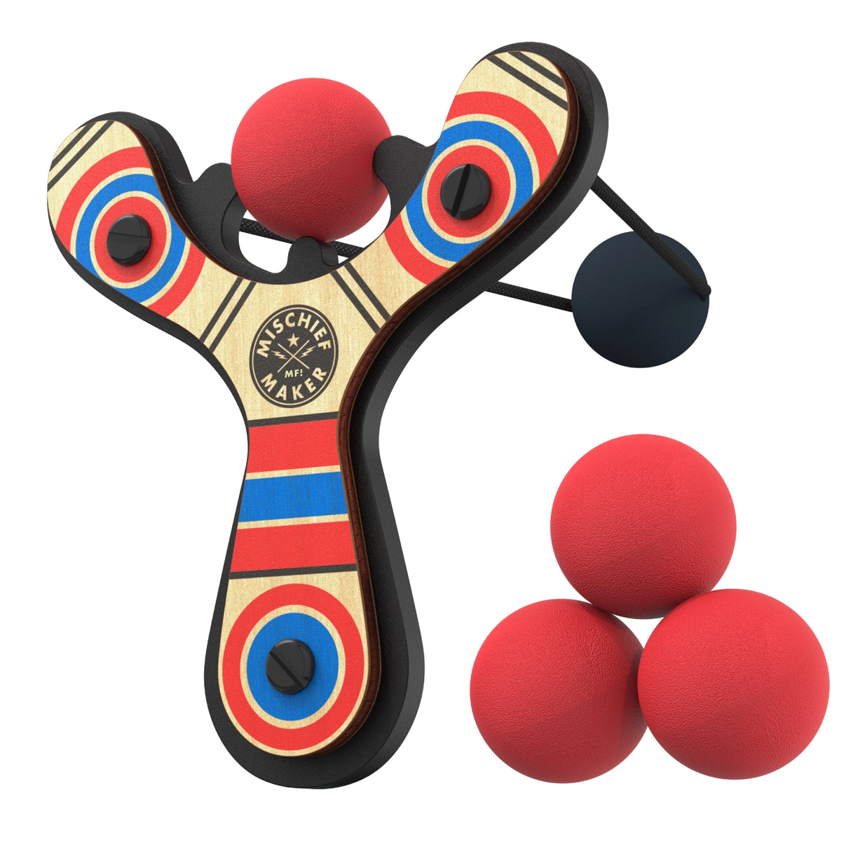 Wooden Mischief Maker slingshot with red blue target design and four soft foam balls for safe play