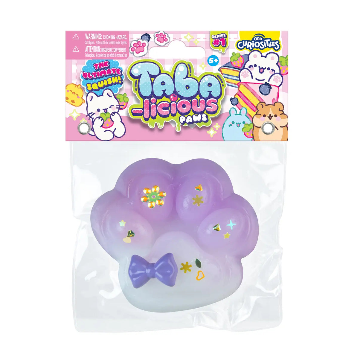 Taba-licious Mega Paws Squishy in purple with star and flower details, soft paw-shaped stress relief toy.