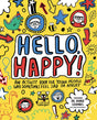 Colorful cover of a children's activity book titled Hello Happy with playful drawings and faces on a yellow background