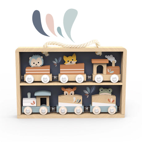 Wooden train display case with multicolor train pieces and cute animal figures for imaginative toddler play and storage.