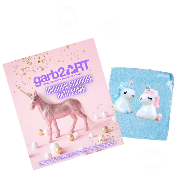 Surprise Unicorn Bath Bomb with handmade pink glitter unicorn and hidden blue bath bomb with unicorn figures.
