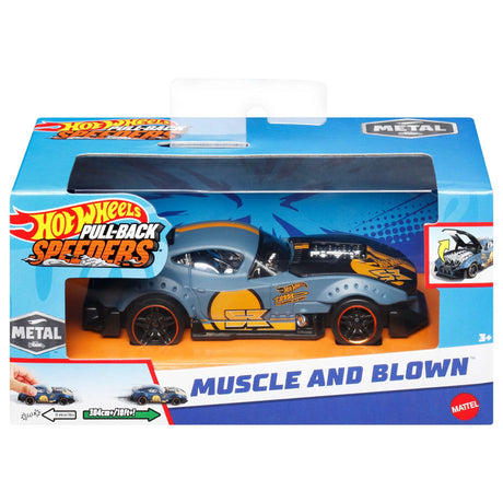 Hot Wheels Pullback Speeders die-cast car with authentic decals, interactive hood, and sleek race car design in packaging.