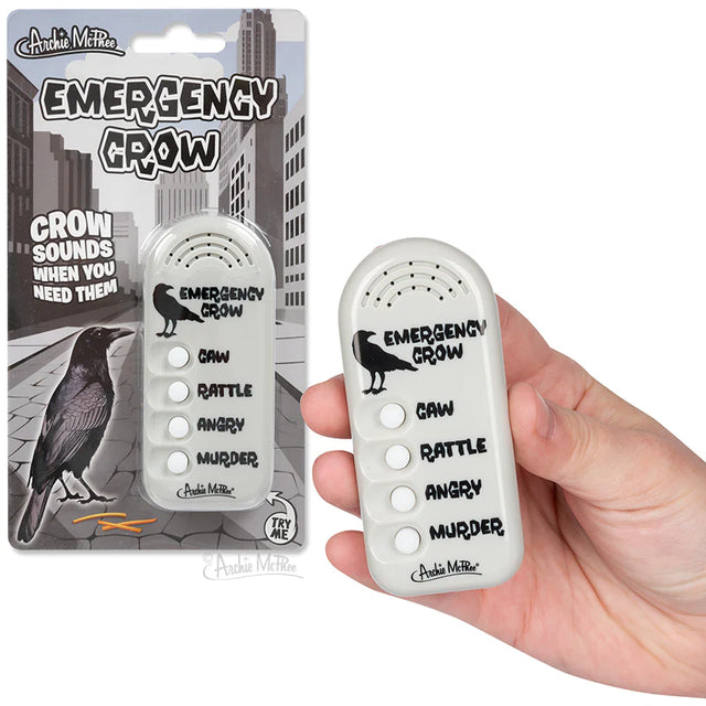Emergency Crow noisemaker with four crow sounds caw rattle angry and murder shown in hand and packaging.