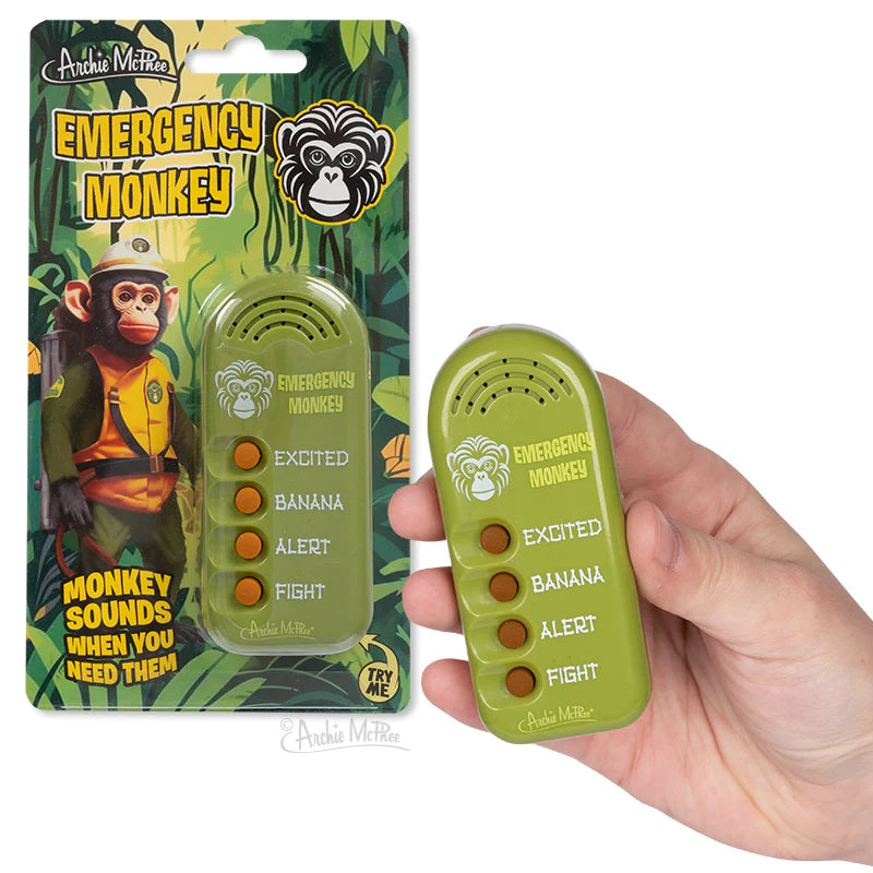Emergency Monkey electronic noisemaker with four buttons for excited, banana, alert, and fight sounds in green plastic.