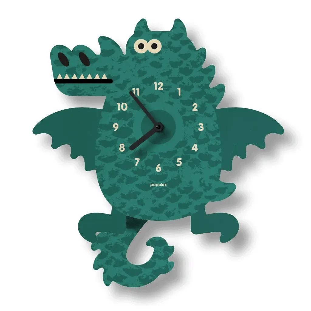 Wood Pendulum Clock | Dragon with green dragon design, silent quartz movement, and natural wood finish.