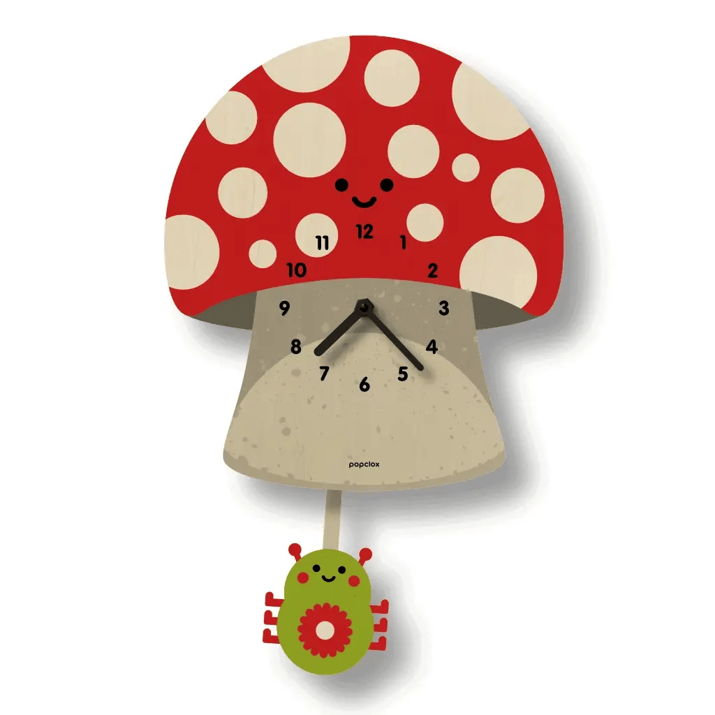 Wood Pendulum Clock | Mushroom with red polka dot mushroom design and green bug pendulum, silent quartz movement wall clock.
