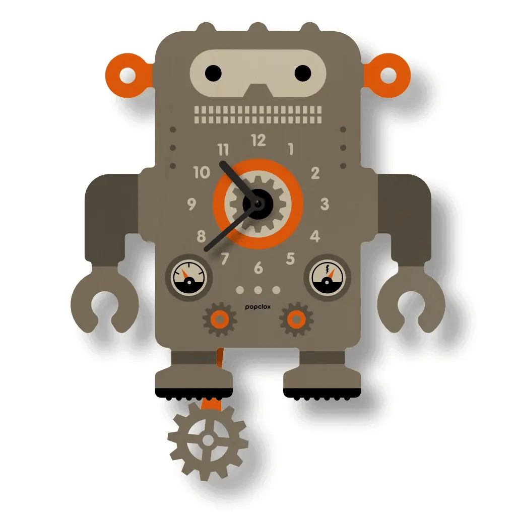 Wood Pendulum Clock | Robot with silent quartz movement, laser-cut poplar plywood, and natural wood finish.