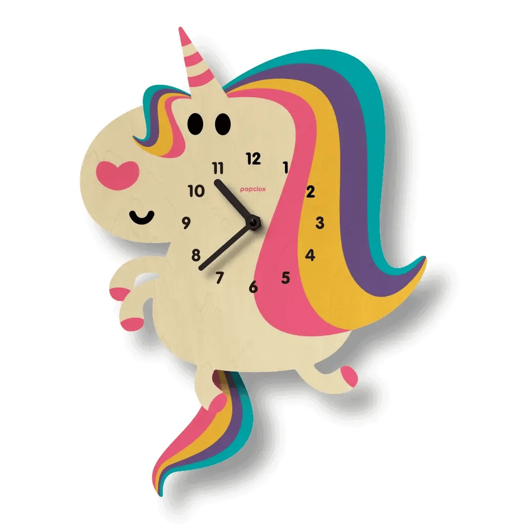 Wood Pendulum Clock | Unicorn with colorful mane, laser cut poplar plywood, and silent quartz pendulum movement for easy wall hanging