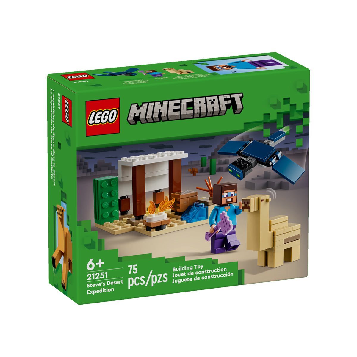 LEGO Minecraft Steve's Desert Expedition set with Steve, baby camel, desert hut, campfire, crafting table, and flying phantom figure.