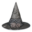 Black witch hat with bat embroidery, two tulle flowers, and a decorative lace band for Halloween or dress-up fun