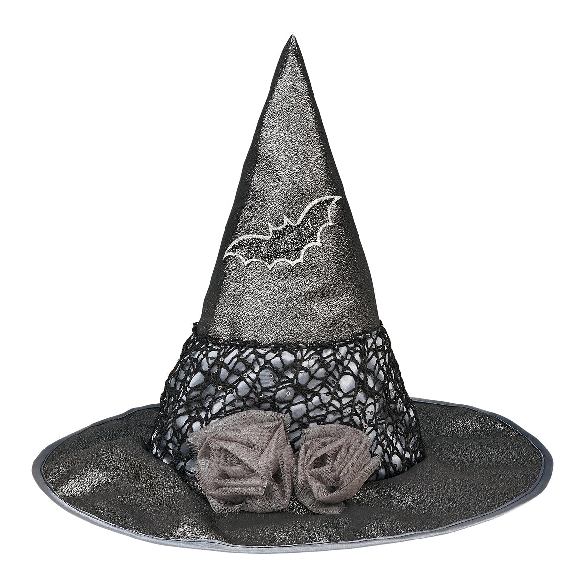 Black witch hat with bat embroidery, two tulle flowers, and a decorative lace band for Halloween or dress-up fun