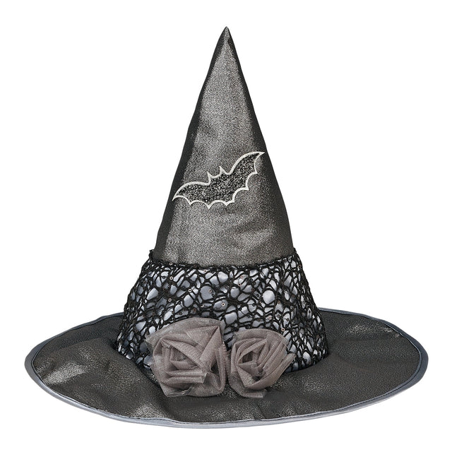 Black witch hat with bat embroidery, two tulle flowers, and a decorative lace band for Halloween or dress-up fun